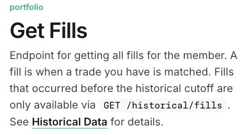 Kalshi API documentation for Get Fills, stating that fills before the historical cutoff are only available via GET slash historical slash fills.