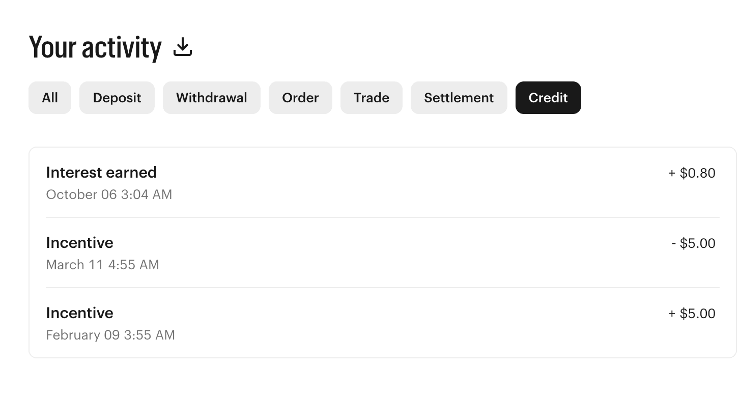 Kalshi’s Your activity page with the Credit filter selected: Interest earned + $0.80 on October 06 at 3:04 AM, Incentive − $5.00 on March 11 at 4:55 AM, and Incentive + $5.00 on February 09 at 3:55 AM.