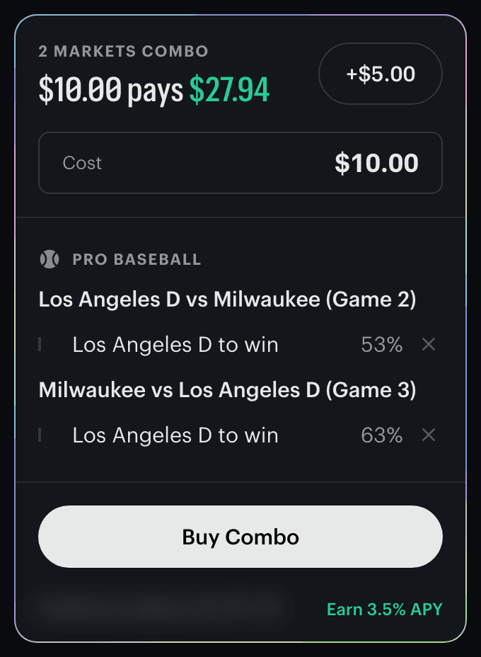 Kalshi combo panel: 2 MARKETS COMBO, $10.00 pays $27.94, a +$5.00 button, Cost $10.00, two Los Angeles D to win legs at 53% and 63%, and a Buy Combo button.