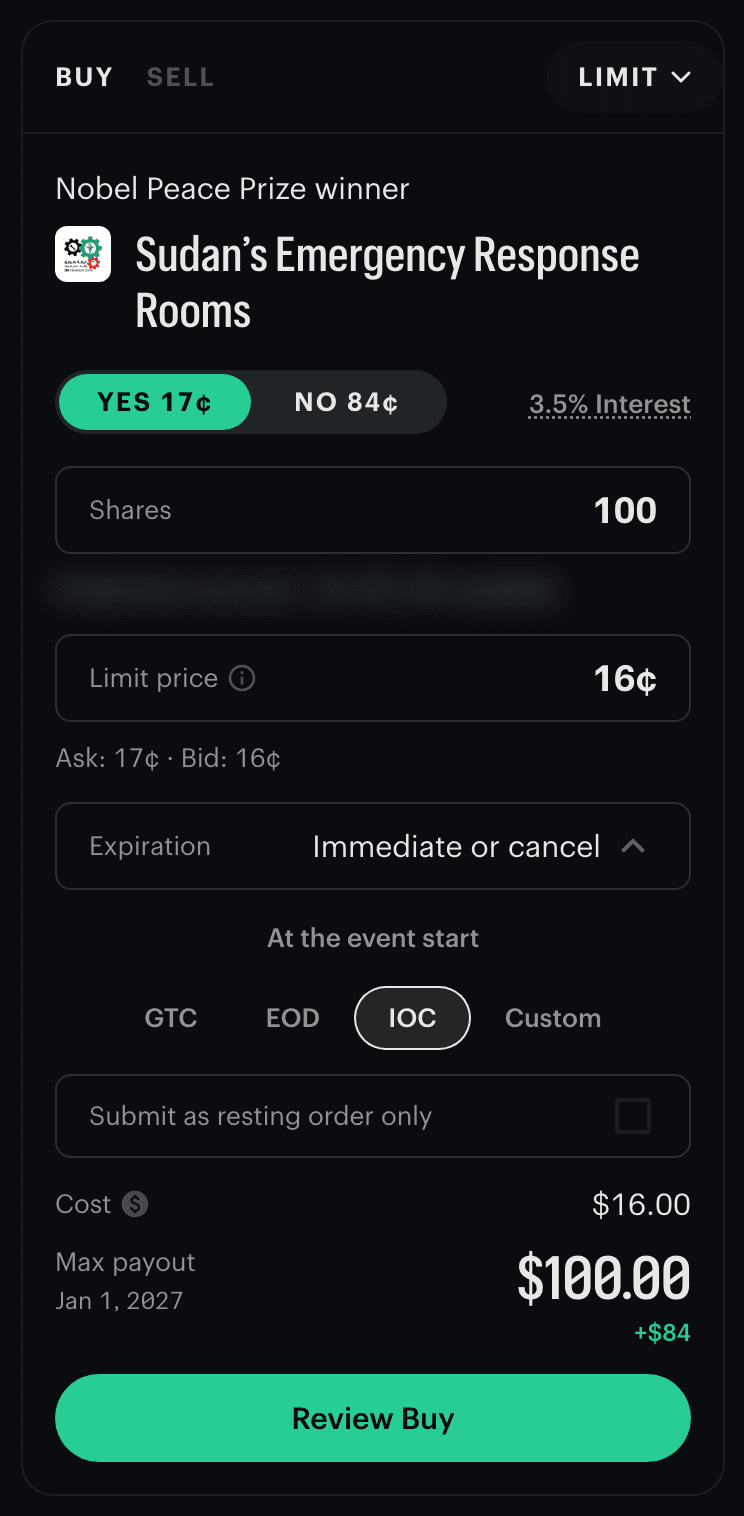 Kalshi order ticket with Expiration open and set to Immediate or cancel: an At the event start button, chips GTC, EOD, IOC (selected) and Custom, and Submit as resting order only greyed out.