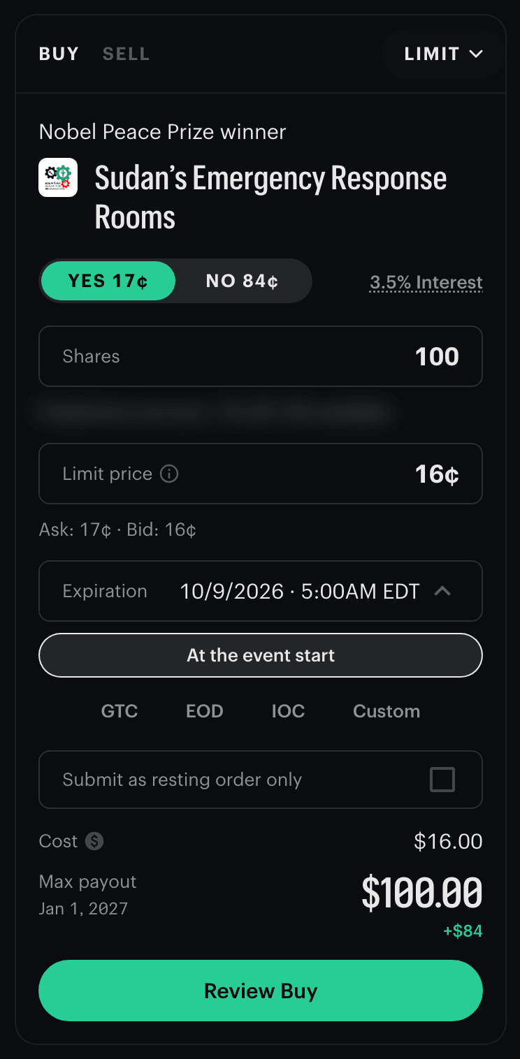 Kalshi order ticket with Expiration set by the At the event start button to 10/9/2026 · 5:00AM EDT.