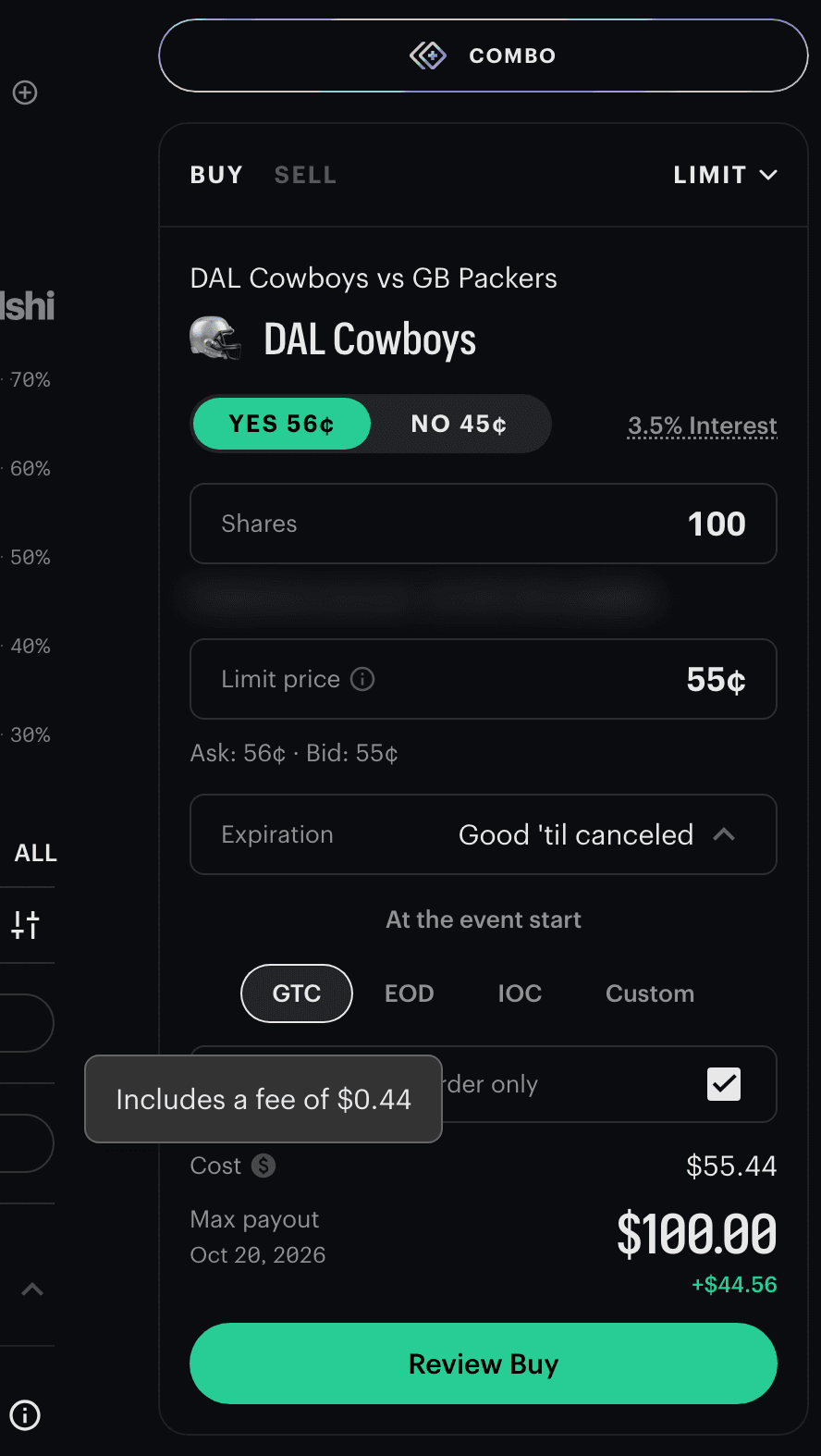 Kalshi order ticket on an NFL game, DAL Cowboys vs GB Packers, buying DAL Cowboys: LIMIT, 100 shares at 55¢ with Ask: 56¢ · Bid: 55¢, resting order only ticked, Cost $55.44, and a tooltip reading Includes a fee of $0.44.