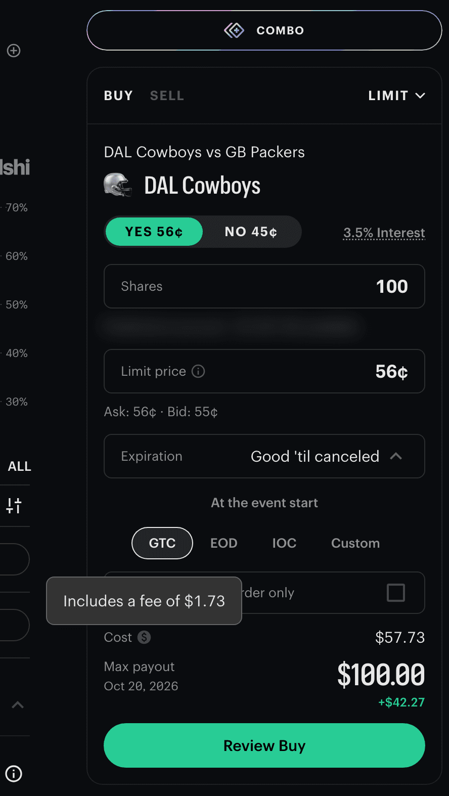 The same NFL ticket at the 56¢ ask: Cost $57.73 and a tooltip reading Includes a fee of $1.73.