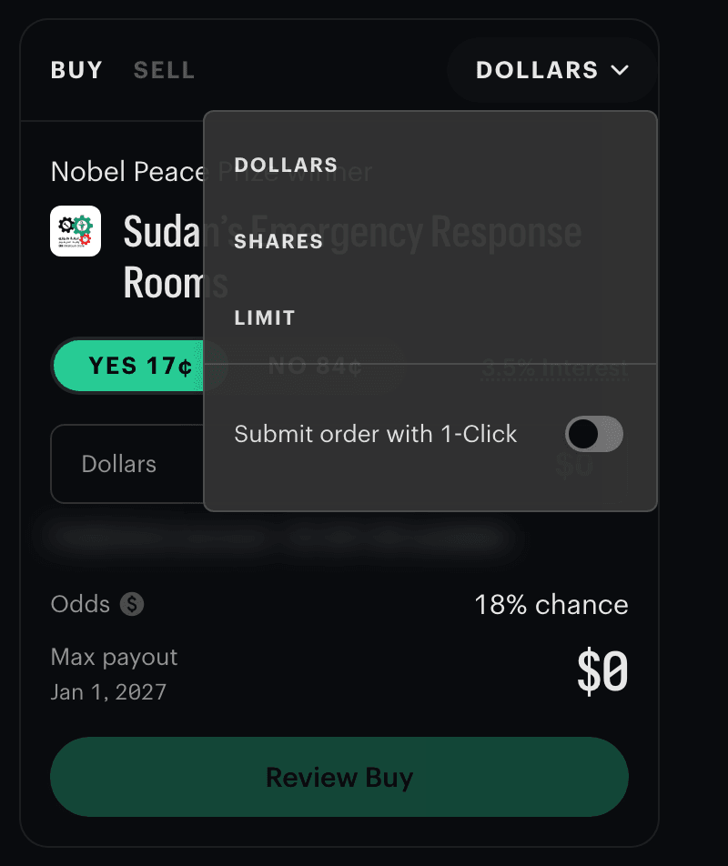 Kalshi order ticket with the mode dropdown open: DOLLARS, SHARES, LIMIT, and a Submit order with 1-Click toggle switched off.