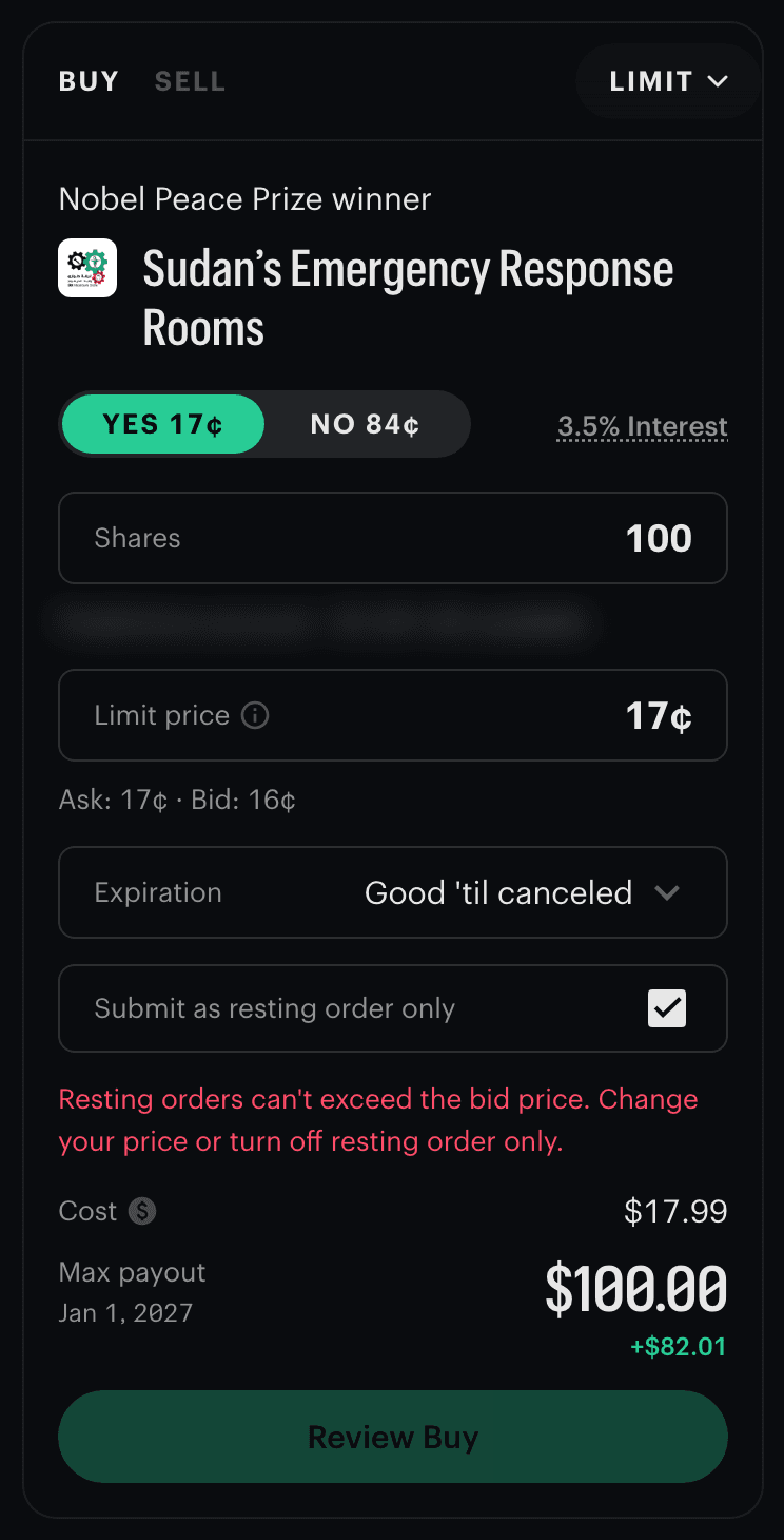 Kalshi order ticket with Submit as resting order only ticked and Limit price 17¢: a red message reads Resting orders can't exceed the bid price. Change your price or turn off resting order only. Review Buy is disabled.