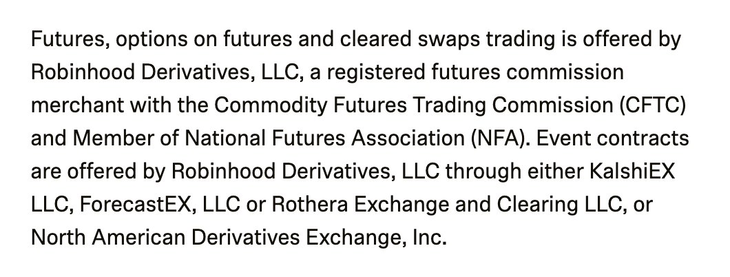 Robinhood disclosure naming KalshiEX, ForecastEX, Rothera and North American Derivatives Exchange as its event contract exchanges.