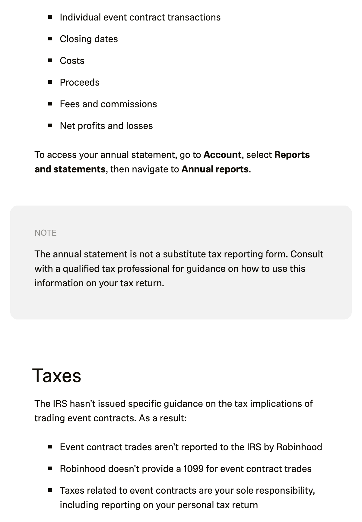 Robinhood tax article: statement not a substitute tax form, trades not reported to the IRS, no 1099 for event contracts.