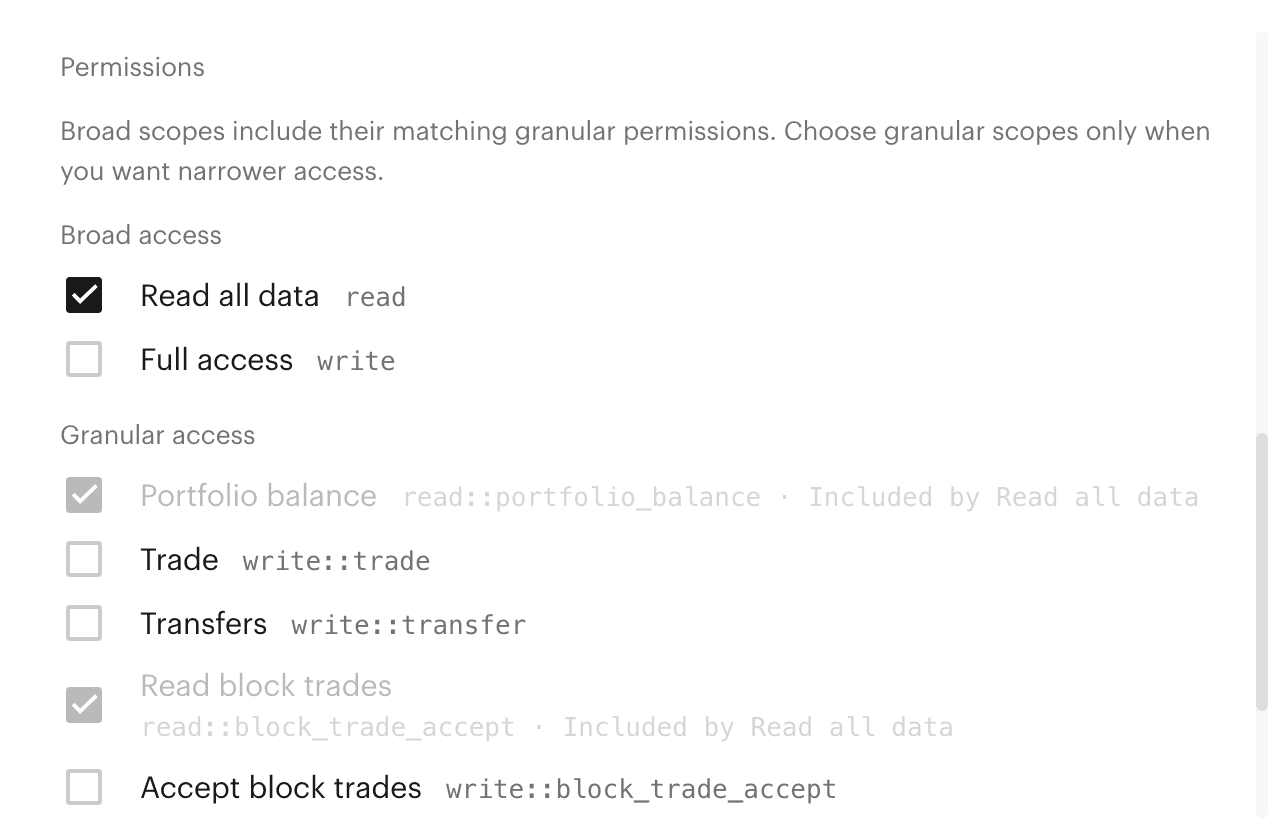 Kalshi’s Permissions with Full access unticked: Read all data ticked, Portfolio balance and Read block trades included by it, and Trade, Transfers and Accept block trades unticked.