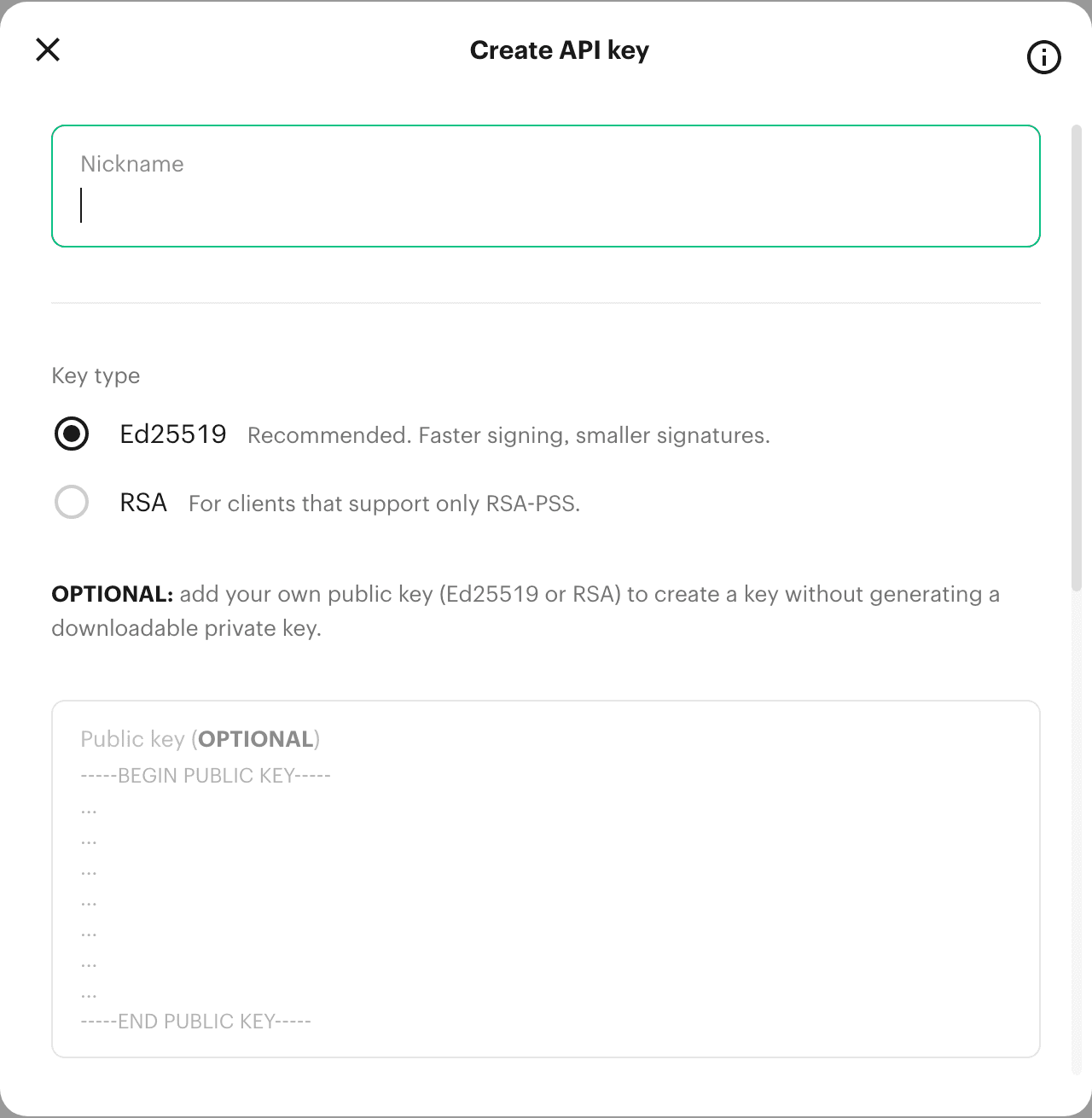 Kalshi’s Create API key dialog: a Nickname box, Key type with Ed25519 selected as Recommended and RSA below it for clients that support only RSA-PSS, and an optional Public key box.