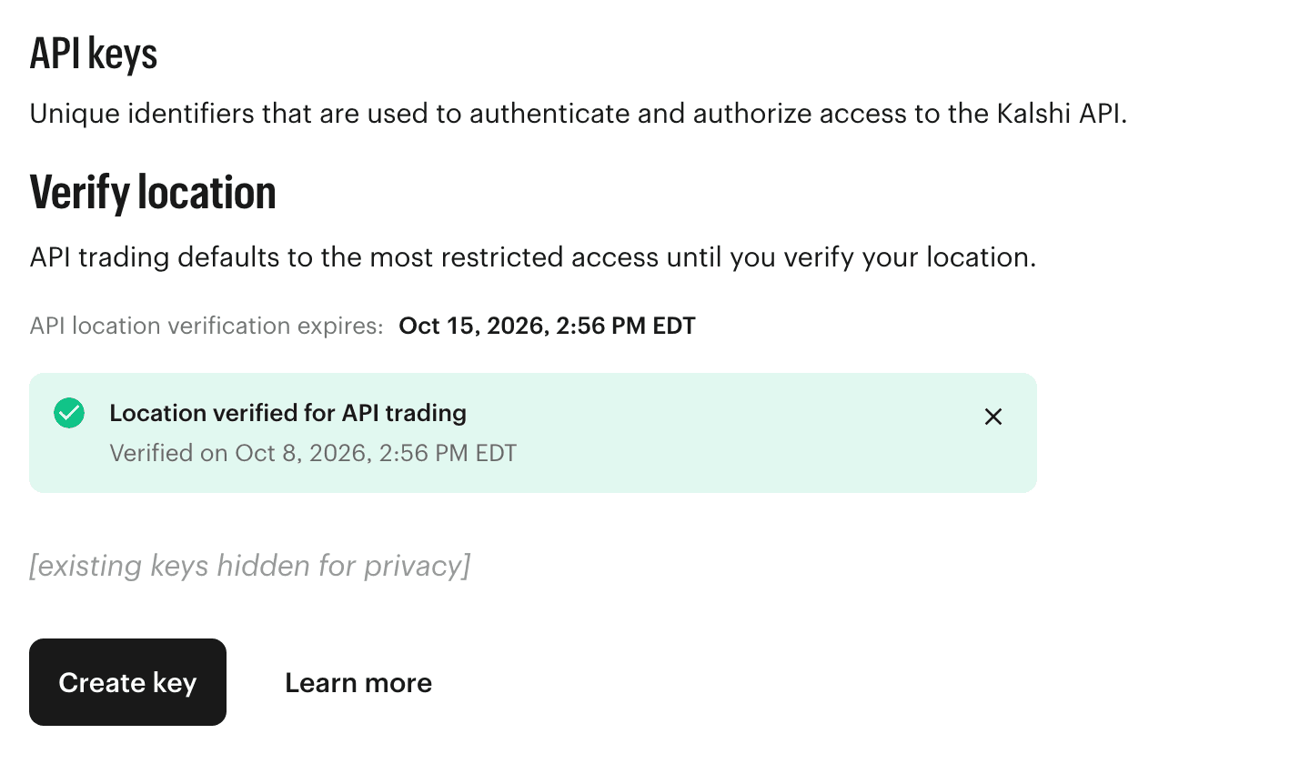 Kalshi’s API keys section: the line about authenticating access to the Kalshi API, the Verify location note on API trading, and the Create key and Learn more buttons.