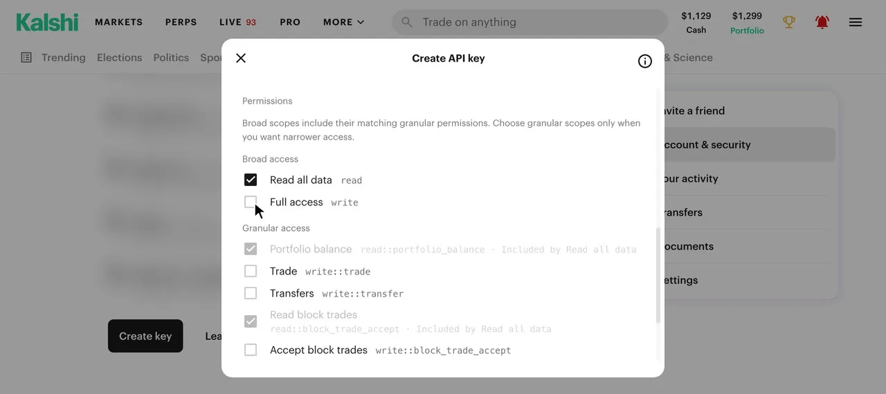 Kalshi’s account menu, then Account & security, the API keys section and Create key, a nickname typed with Ed25519 left selected, and Full access unticked so only Read all data stays ticked.