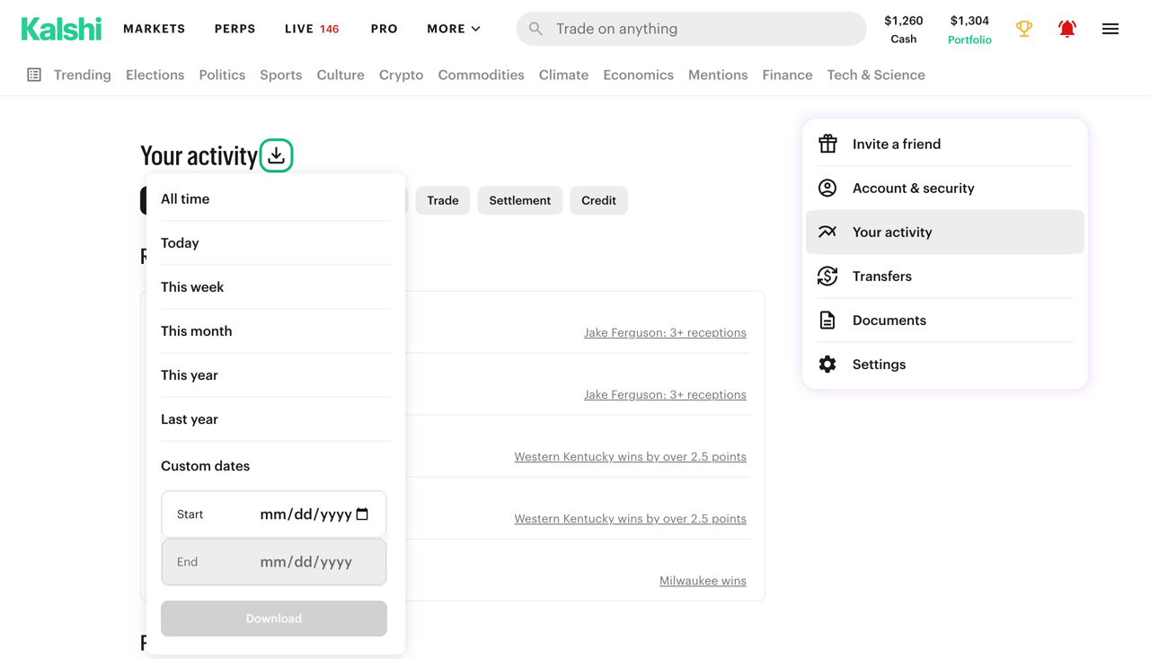Kalshi’s Documents page, then Your activity chosen from the account menu, its download icon, the range menu from All time to Custom dates, and the Custom dates start and end fields.