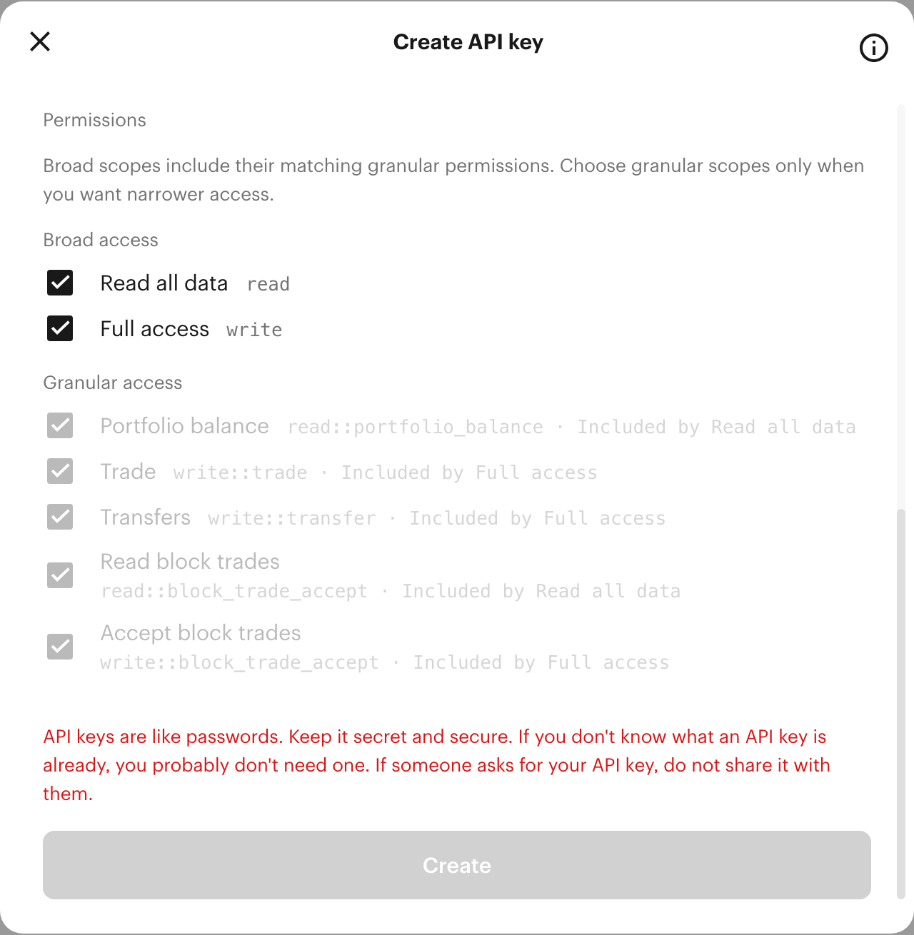 Kalshi's Create API key dialog, Permissions section, with both Read all data and Full access checked by default, and the granular Trade and Transfers permissions shown as included by Full access
