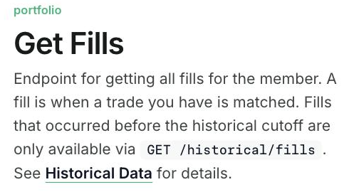 Kalshi API documentation for the Get Fills endpoint, stating that fills which occurred before the historical cutoff are only available via GET slash historical slash fills